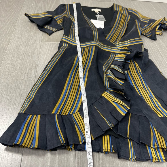 Honey Punch Linen Black Striped Ruffled Mini Wrap Dress Puff Sleeve NWT Boho S - Picture 16 of 16